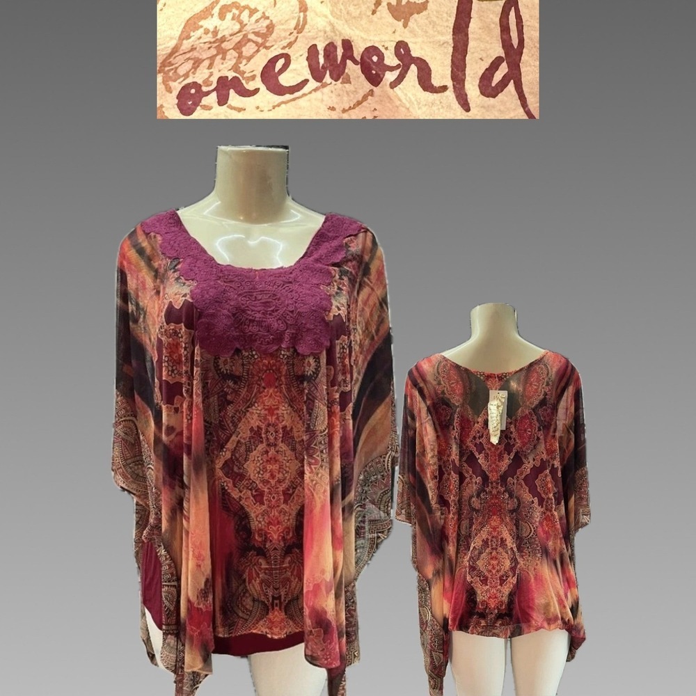 One World M Mesh Poncho Blouse & Tank Set  Red Floral Geometric Short Sleeve NWT